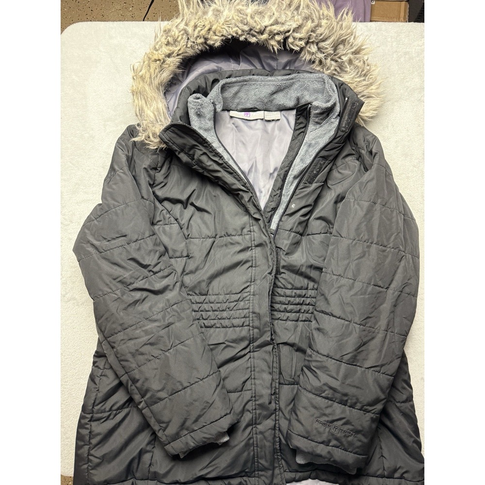 Free Tech Girls Gray Hooded Puffer Jacket Faux Fur Trim Mid-Length Size 12-14